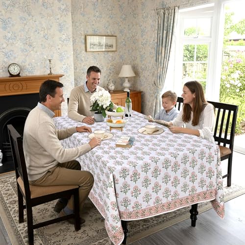 Ridhi Mughal Buta Peach Hand Block Print Cotton Tablecloth 90x60 Inch - Rectangular