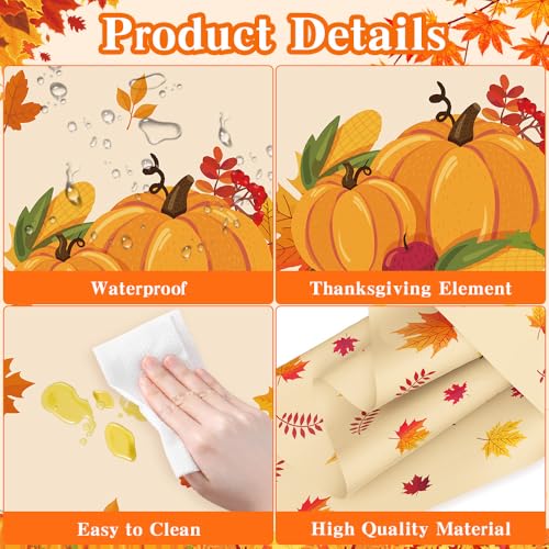Gold Fall Thanksgiving Tablecloth 8 Pack - Disposable Plastic Autumn Pumpkin & Maple Leaf Design 54x108 Inches