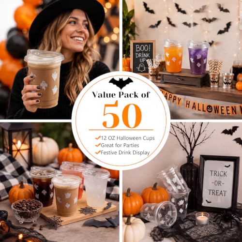 Halloween Ghost Plastic Cups with Lids - 12 oz, 50 Pack