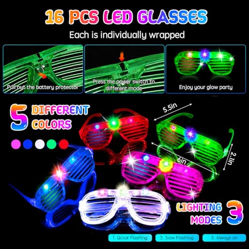 Glow in the Dark Party Supplies Set - 278 Pieces Neon Glow Stick Pack with LED Glasses & Finger Lights - Perfect for Weddings, Camping, and Celebrations