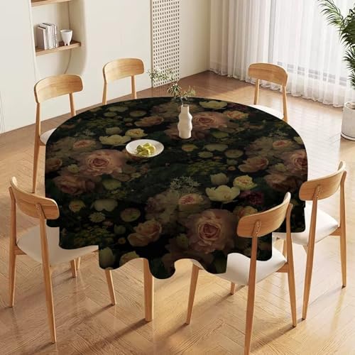 Round 60x60 Inch Black Floral Tablecloth - Rustic Watercolor Botanical Design - Flower-1 Variation