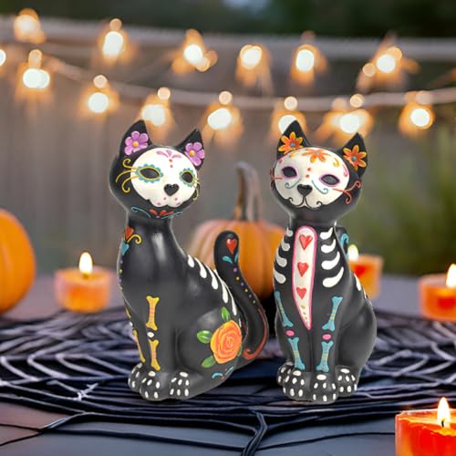 Day of the Dead Skeleton and Cat Figurine Set - Colorful Gothic Decor