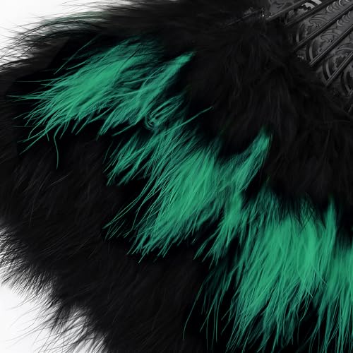1920s Marabou Feather Folding Hand Fan - Black Green Vintage Flapper Accessory
