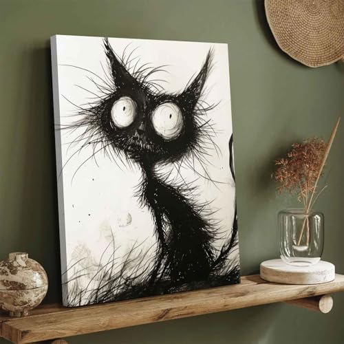 Black Cat Canvas Wall Art - Gothic Spooky Feline Painting for Halloween Decor - Wrapped 24"L x 16"W