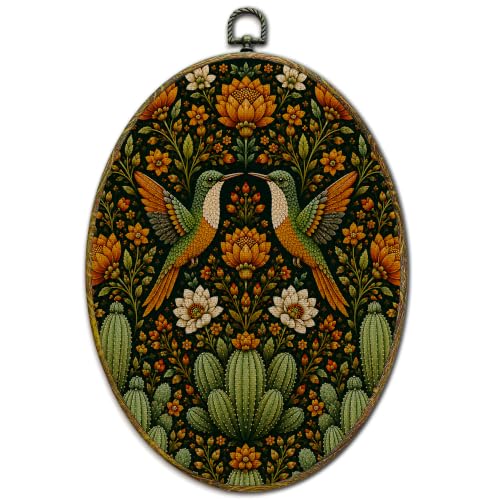 Mexican Hummingbird Flowers Oval Wall Art Decor - Cactus Variation
