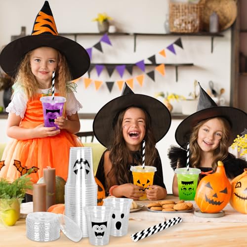 Halloween Face Disposable Plastic Cups with Lids & Straws - 12 oz Party Favors