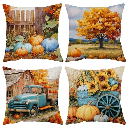 YeeJu Fall Throw Pillow Covers 26x26 Set of 4 Velvet Pumpkin Cushion Cases for Autumn Farmhouse Decoration - Fall 01