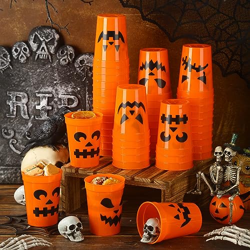 Halloween Plastic Cups 12 oz Orange Pumpkin Jack O Lantern Party Supplies - 60 Pieces