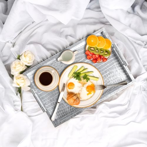 Faux Leather Serving Tray with Handles - Silver - 16x12 Inches