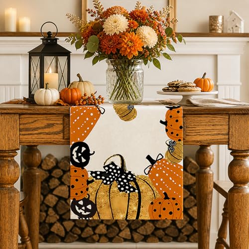 Halloween Jack-O-Lantern Pumpkin Table Runner - Holiday Kitchen Decor 13x72 Inch