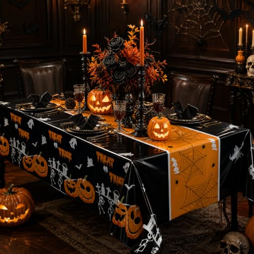 Halloween Tablecloth 12 Pack - 54x108 Inch Leakproof Plastic Cover - Pumpkin Ghost Variation