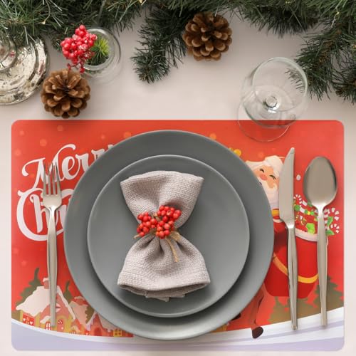 Christmas Placemat Set Waterproof Table Mats - Red Santa Reindeer Snowflakes, 17.3x11.8 Inches, 6 Pack
