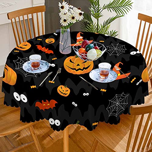 AOYEGO Halloween Round Tablecloth 60 Inch Evil Pumpkin Bat Eyes Wizard Hat Dark Decor