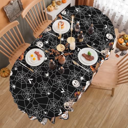 Halloween Ghost Black Oval Tablecloth 60x102 Inch Washable Fabric Party Cover - Spider Web & Ghost Design