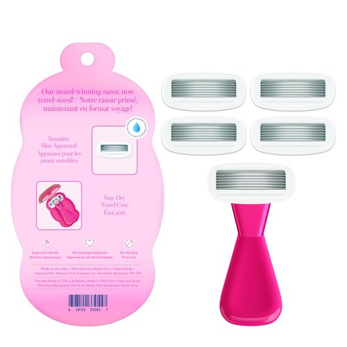 Athena Club Mini Razor Kit for Women, Travel Size 5-Blade Cartridge Razor for Sensitive Skin, Serum-Infused Blades with Shea Butter and Hyaluronic Acid, Includes Handle, 5 Refills and Travel Case