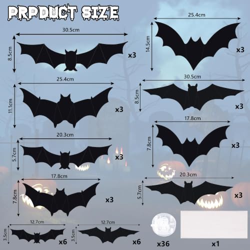 Purple LED 3D Bat Halloween Decorations Set - 36 Pieces, 5 Sizes & 4 Shapes