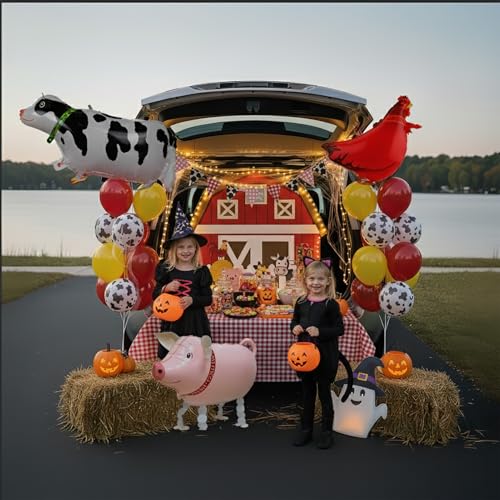 Farm Theme Trunk or Treat Balloon Decoration Set with String Lights - Red, Yellow, Black, White