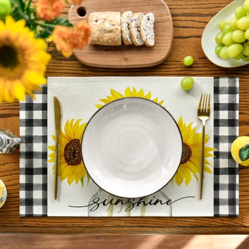 12x18 Inch Buffalo Plaid Sunflower Table Placemats Set of 4 Beige Summer Decor
