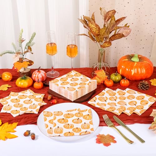 Pumpkin Fiesta Paper Napkins for Fall Parties - 100 Pack 6.5 Inch