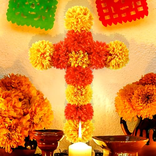 Day of the Dead Marigold Cross Decoration - Orange & Yellow, 15.7x11.8 inches