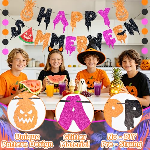 Pink Summerween Banner Set with Glitter Garlands - Pre-Strung Halloween Party Decor