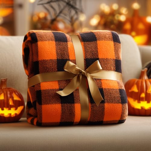 Halloween Throw Blanket - Buffalo Plaid Pattern, Orange & Black, 50x60 Inches - Fall & Holiday Home Decor