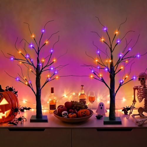 Indoor Halloween Tree Decorations 2 Pack - 24 Inch Black Lighted Trees with Orange & Purple Lights - Variation of Halloween Tree