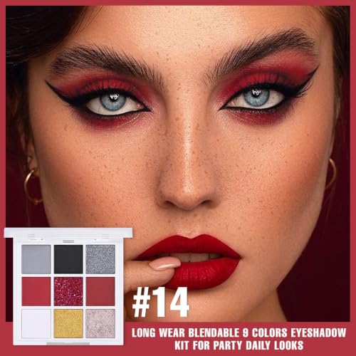 14# Red Eyeshadow Palette - 9 Colors Matte Shimmer Metallic Pressed Powder