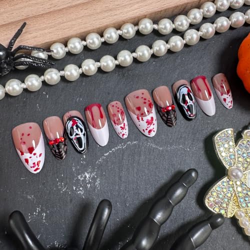 Halloween Press On Nails Almond Bloody French Tip Spider Web Ghost Set - Colorful 9
