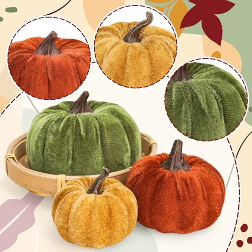 Artificial Velvet Pumpkins Fall Decor Set - Orange Green Yellow 3 Sizes, 12 Pcs