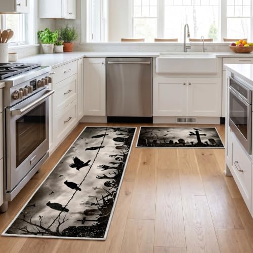 Halloween Gothic Kitchen Rug Set of 2 - Spooky Graveyard Crow & Zombie Decor