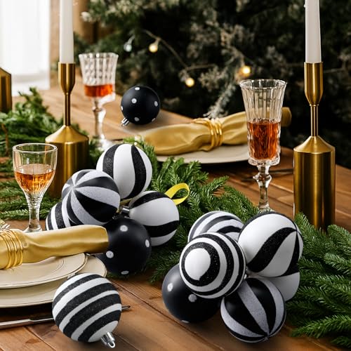Black and White Christmas Ball Ornaments Set - 24 Pcs, Shatterproof, Classic Style