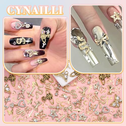 Gold Nail Charms Set with Cross Snake Star Heart Dangles - S1 Variation