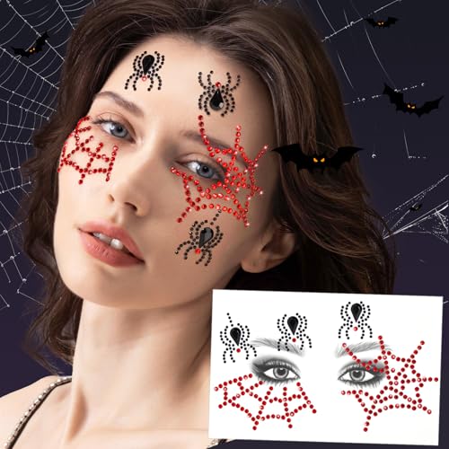 Halloween Face Gems Stick On Spider Web Silver & Red - Kids & Women