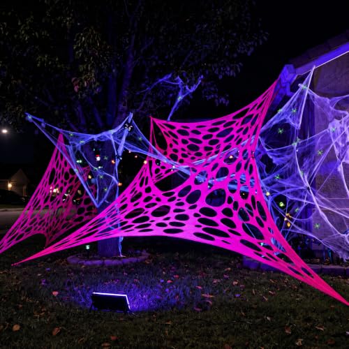 Glow in the Dark Spider Web Decoration with Mini Spiders - Fluorescent Red, 472 x 39 Inches - Halloween Outdoor Decor