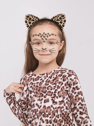 Leopard Cat Ears Headband with Face Jewels Halloween Costume Accessories for Women - Variation: Leopard Cat