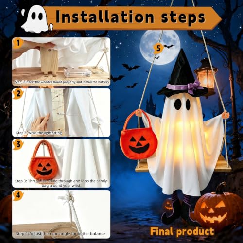 White Swinging Ghost Halloween Decor with LED Lights - Outdoor & Indoor