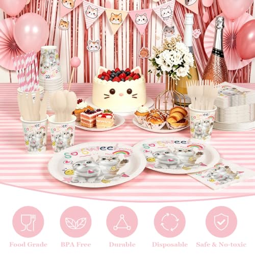 Pink Cat Birthday Party Plate Set for Kids - Serves 25 Guests, Disposable Tableware Kit