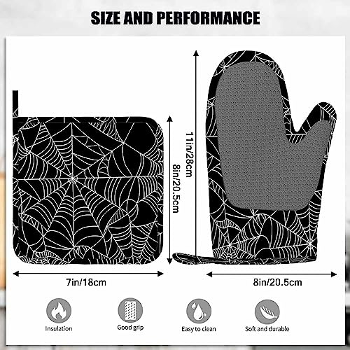 Halloween Spider Web Oven Mitts and Pot Holders Set - Black & White, Heat Resistant Silicone Kitchen Gloves