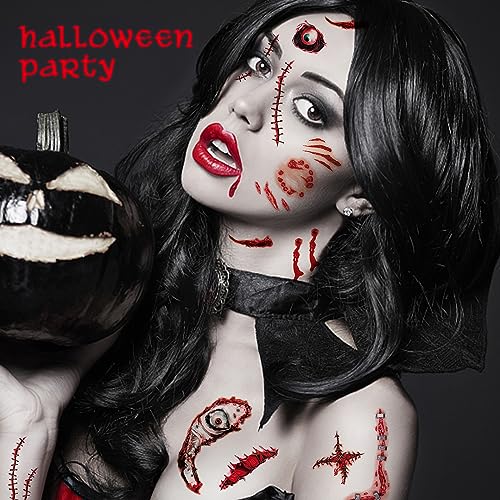 20 Sheets Halloween Temporary Tattoos Body Face Fake Stitches Waterproof Cosplay Props