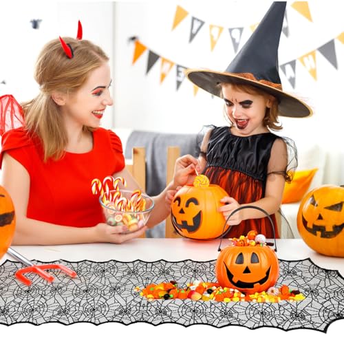 Halloween Lace Spider Web Table Runner 14x48 Inch for Festive Decor - Black