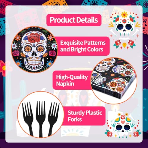 Day of the Dead Disposable Tableware Set - Mexican Sugar Skull Pattern for Fiesta & Celebrations - Serves 24