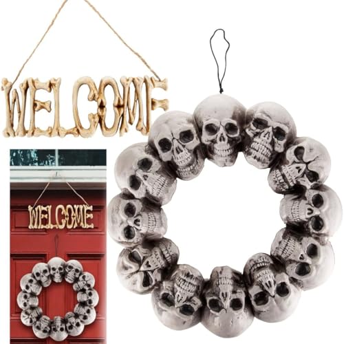Halloween Skeleton Welcome Sign & Skull Wreath 2 Pack - Fall Door & Wall Decor