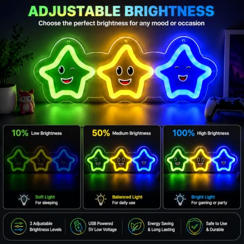 Colorful Stars Neon Sign Gaming LED Wall Decor - Kids Room & Party - Variation of Coloful Sanxing