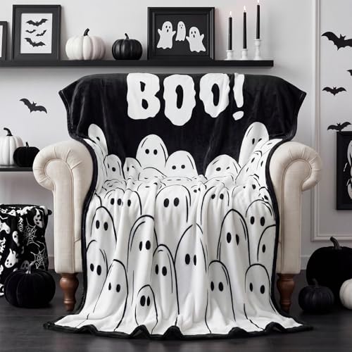 Halloween Ghost Throw Blanket - Black White Flannel Fleece, 50x60 Inches - Variation of Ghost