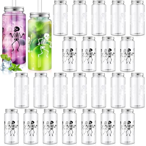Vesici 24 Pack Halloween Plastic Cups with Lids & Straws - Skeleton Design, 13.5 oz, Black & White, Horror Party Supplies