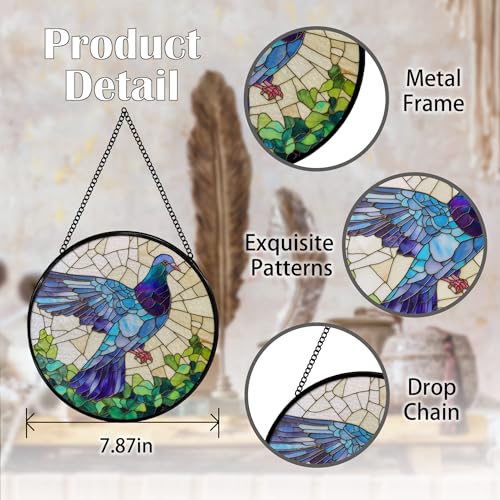Stained Glass Bird Sun Catcher - Pigeon Window Hanging Decor, 7.9 Inch, Color14