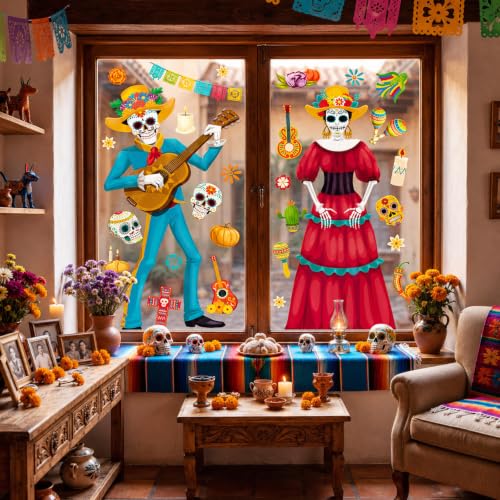Day of the Dead Window Clings - Extra Large Mexican Decor Set, 2 Sheets
