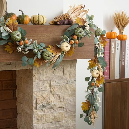 Fall Garland with Pumpkins and Lights - 9ft White/Green Autumn Decor