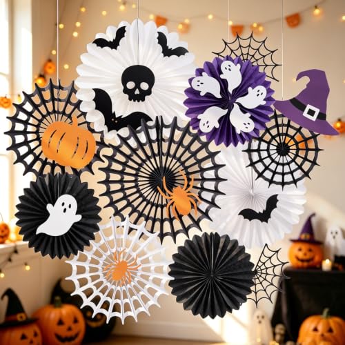 Halloween Paper Fan Decorations with Spider Web Ghost Bats Skeleton - Indoor Wall Decor - Variation of THIS listing